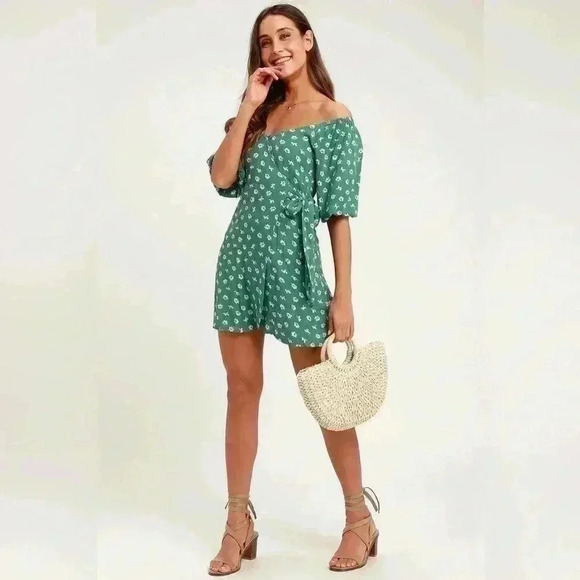 Billabong - Best Dressed Sage Green Floral Print Off-the-Shoulder‎ Wrap Dress - Picture 1 of 10